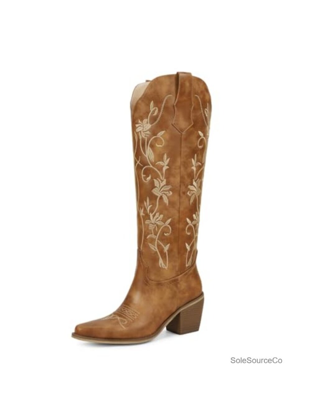Knee High Cowgirl Boots Embroidered Pointed Toe Faux Leather